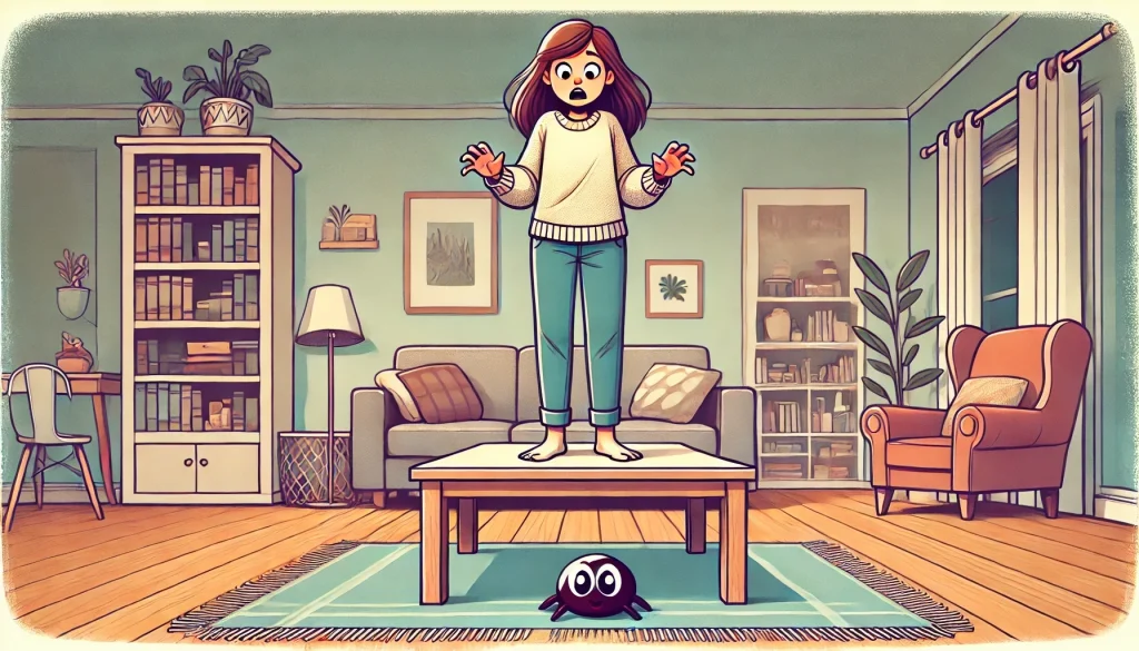 Fear of Spiders Woman on Coffee Table
