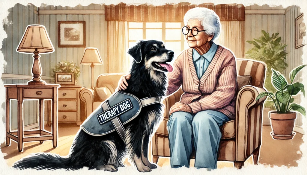 Elderly Woman in Care home with Therapy Dog Creature Courage
