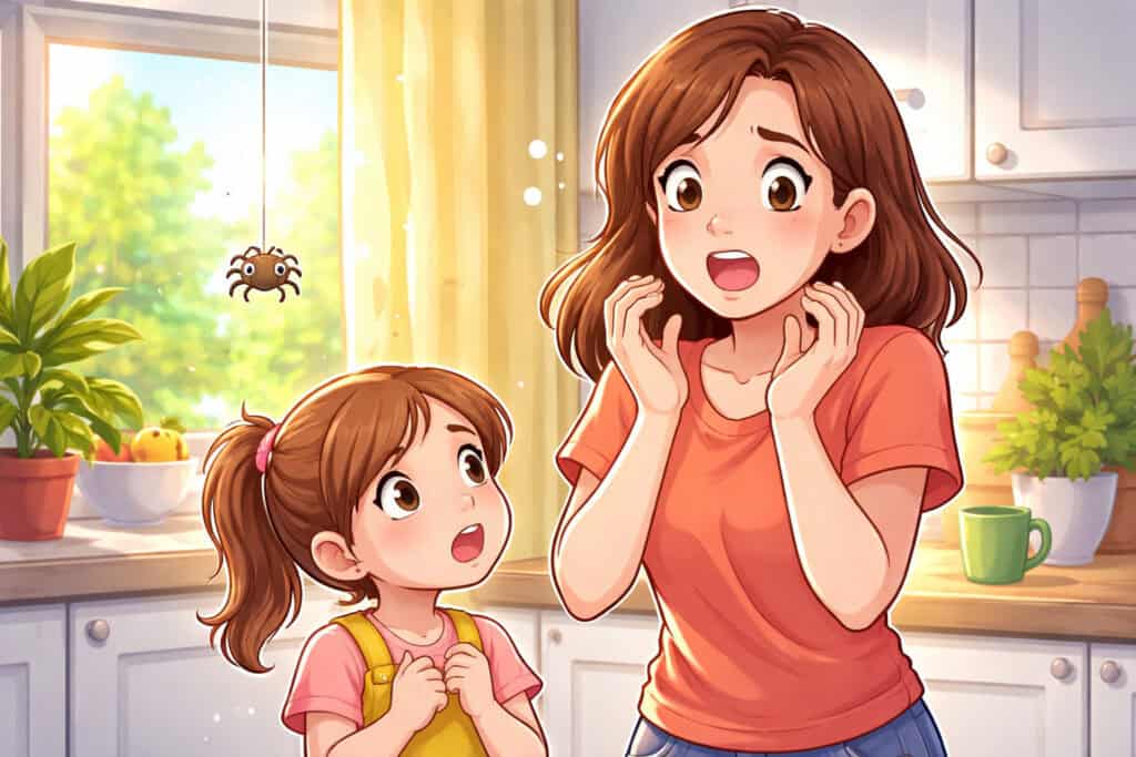 Mother afraid of a Spider Children Learning the Fear Creature Courage