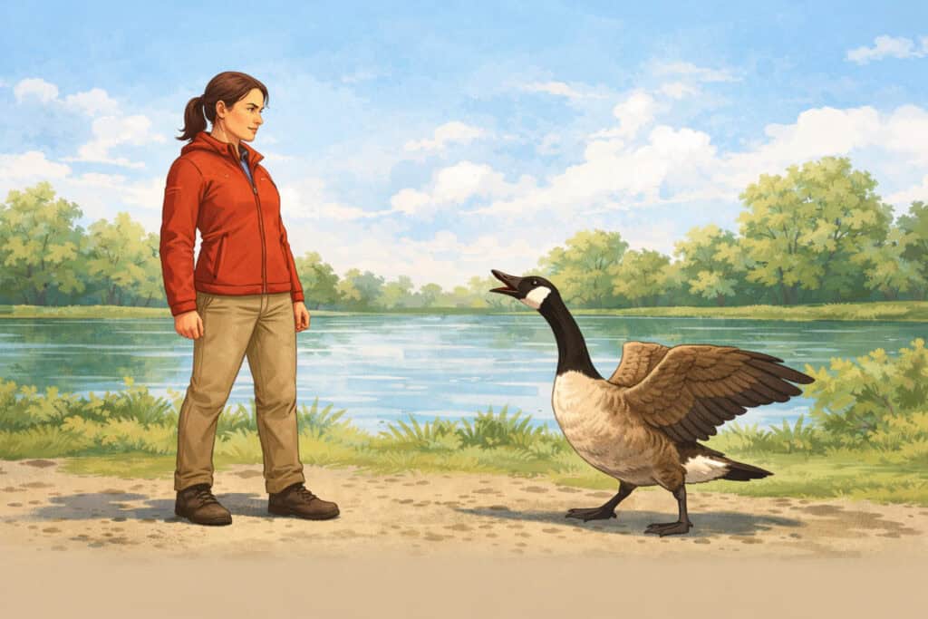 Art of Woman Facing a Goose Calmly and Bravely Creature Courage Fear of Geese
