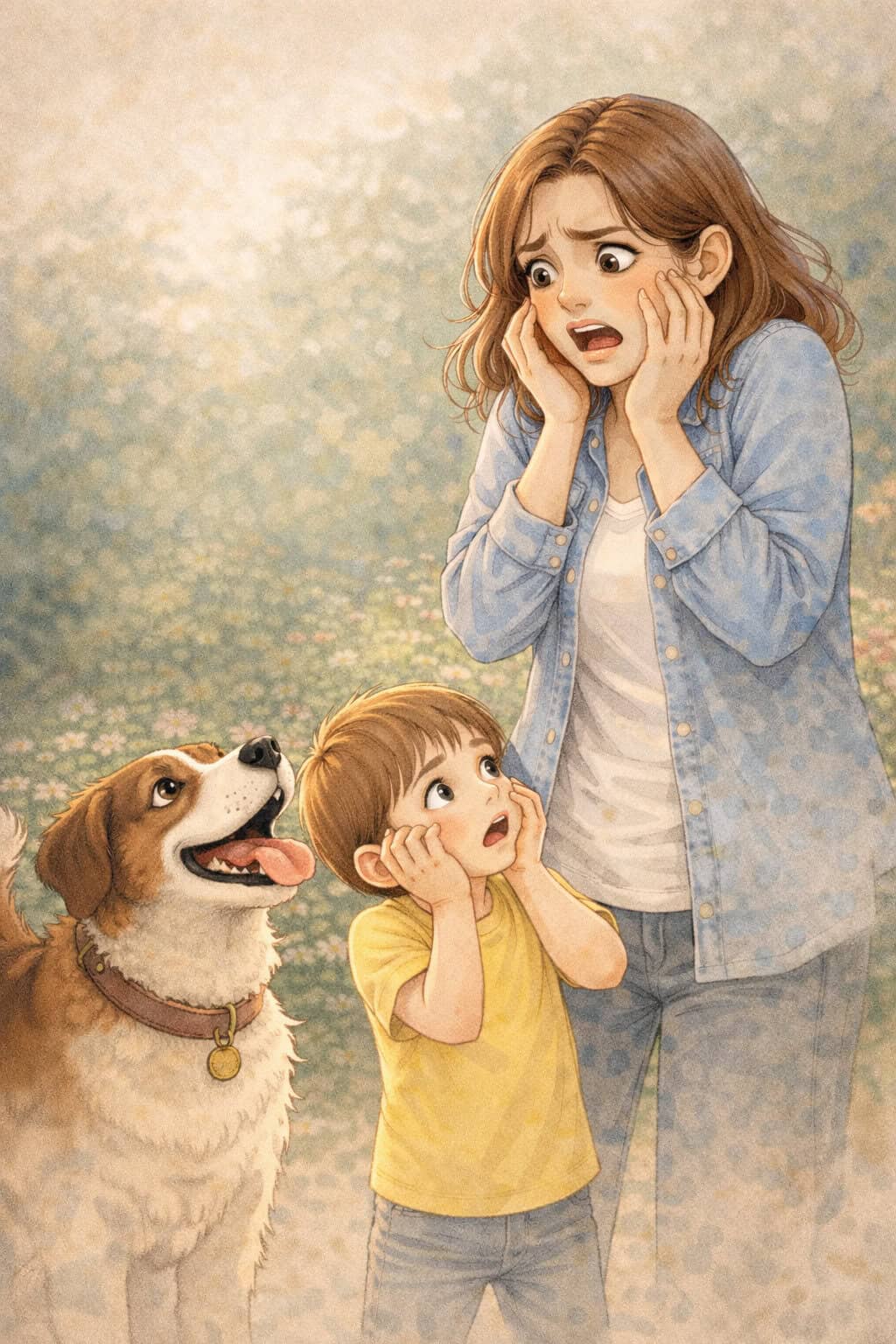 Woman and Child Afraid of a dog Creature Courage Woman and Child Afraid of a dog Creature Courage