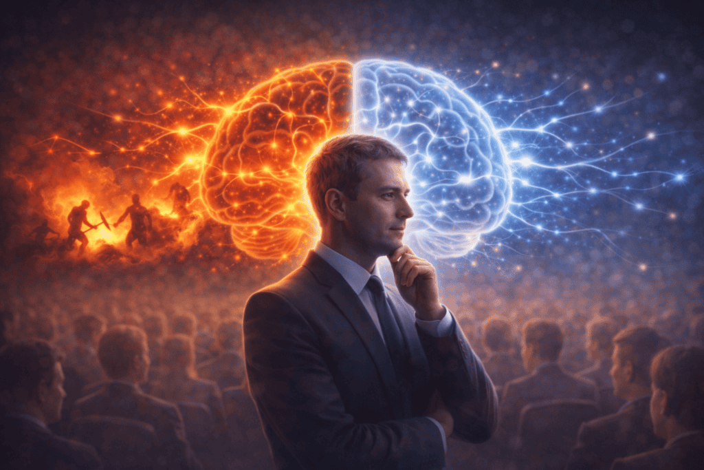 Illustration of the caveman survival brain and modern rational brain showing how fear and reasoning influence human behaviour