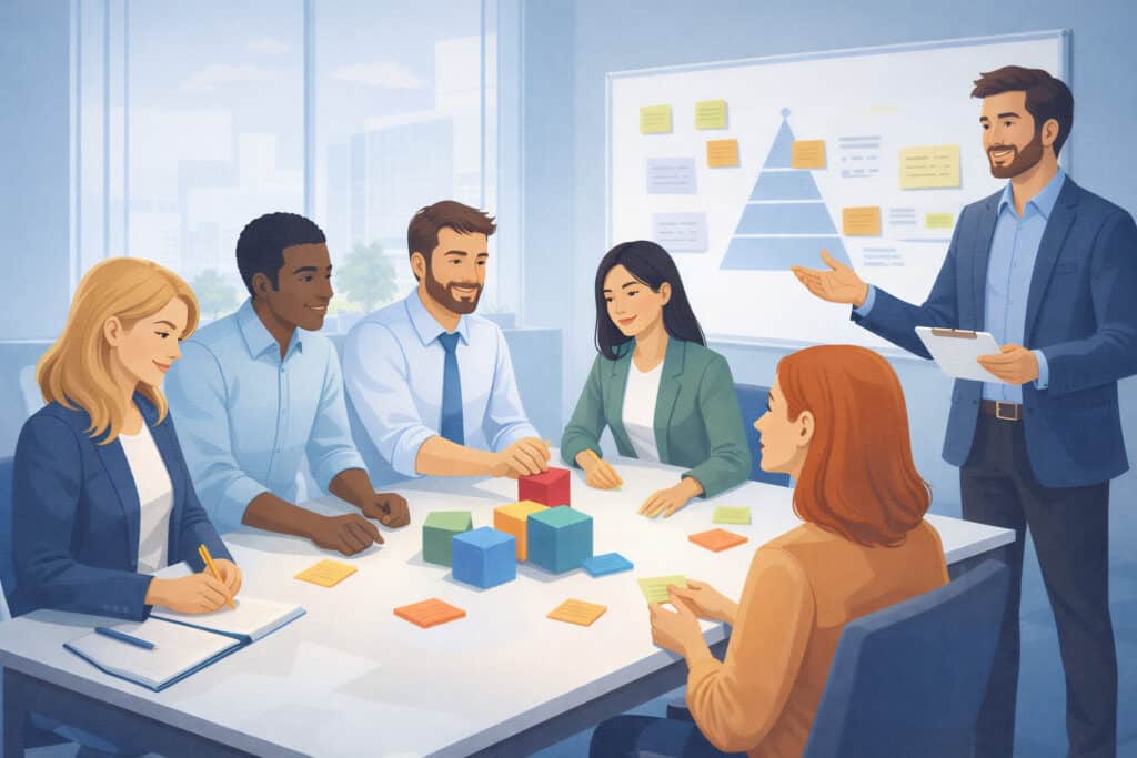 illustration of a corporate team participating in an experiential learning workshop with a facilitator guiding a collaborative activity