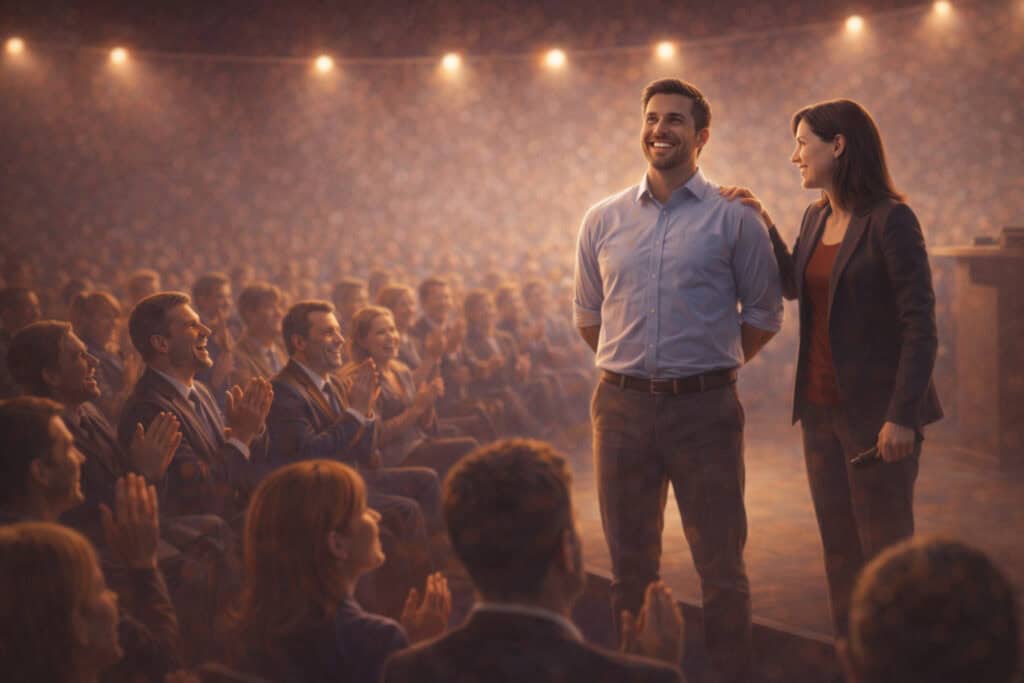Volunteer overcoming fear during a live keynote demonstration while the audience watches