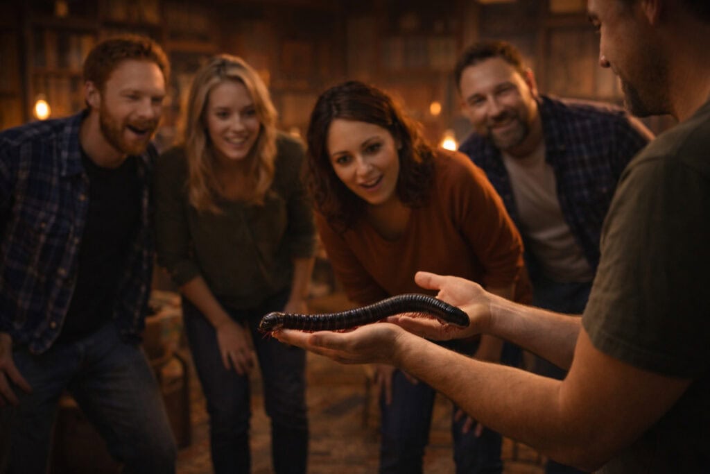 Group of adults watching a facilitator hold a giant African millipede during an experiential psychology workshop with curious reactions.