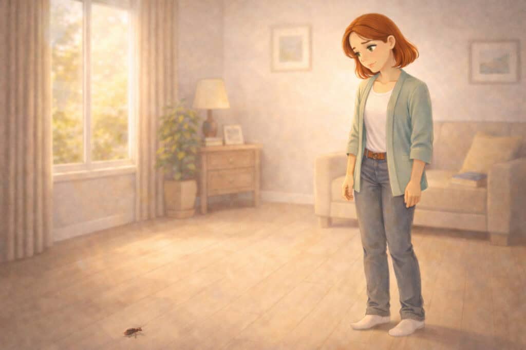 Woman calmly facing a cockroach in a safe environment demonstrating controlled anxiety response Creature Courage