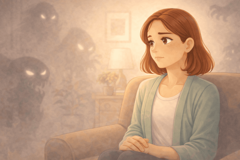Illustration of woman experiencing anxiety with imagined shadow threats in a safe environment Creature Courage